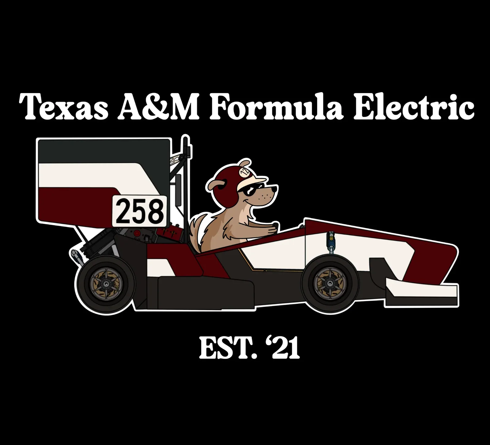 Texas A&M Formula Electric illustration of a cartoon animal in sunglasses driving car 258