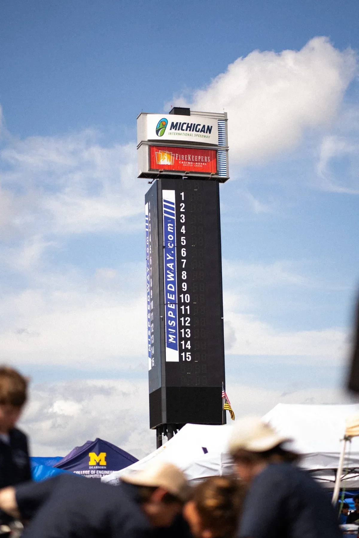 The speedway scoring tower above the team tents