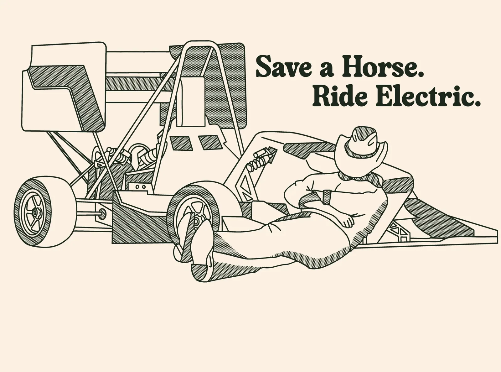 “Save a Horse. Ride Electric.” illustration of a cowboy driving the car